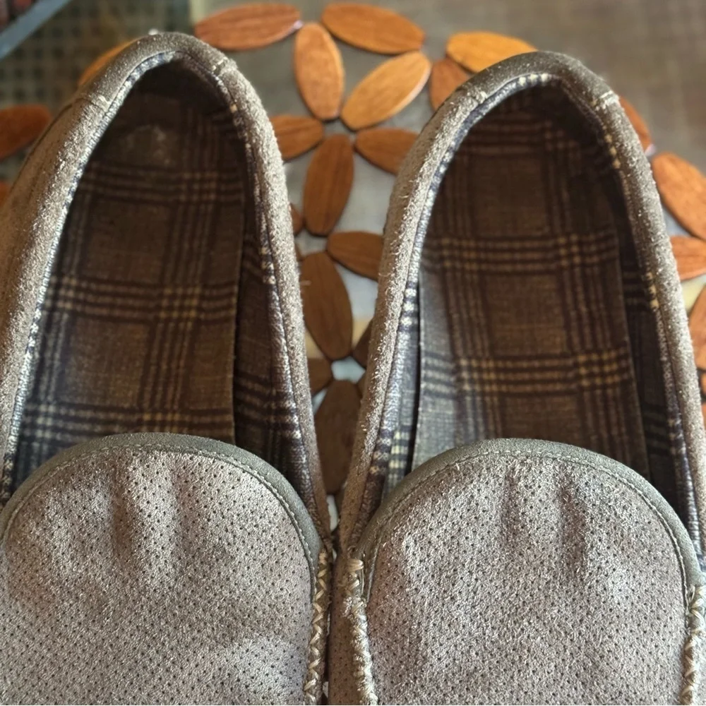 L.L. BEAN  Perforated Brown Suede Flannel Lined Camo Sole Mountain Slippers 14M